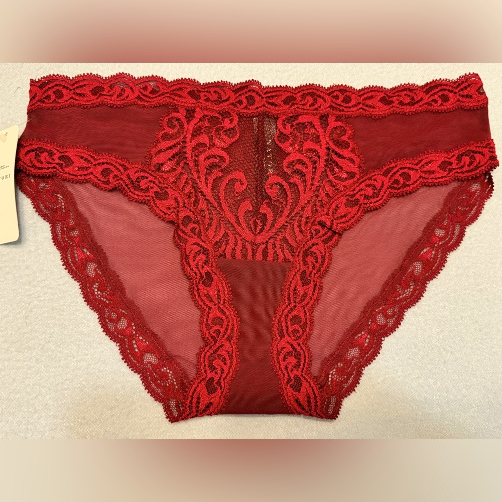 Natori Lace Trim Panties in Burgundy, M